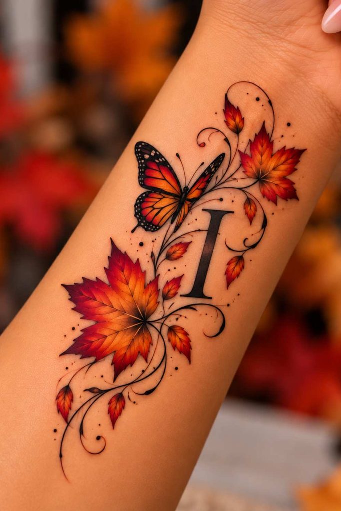 Autumn Leaf tattoo With a Butterfly