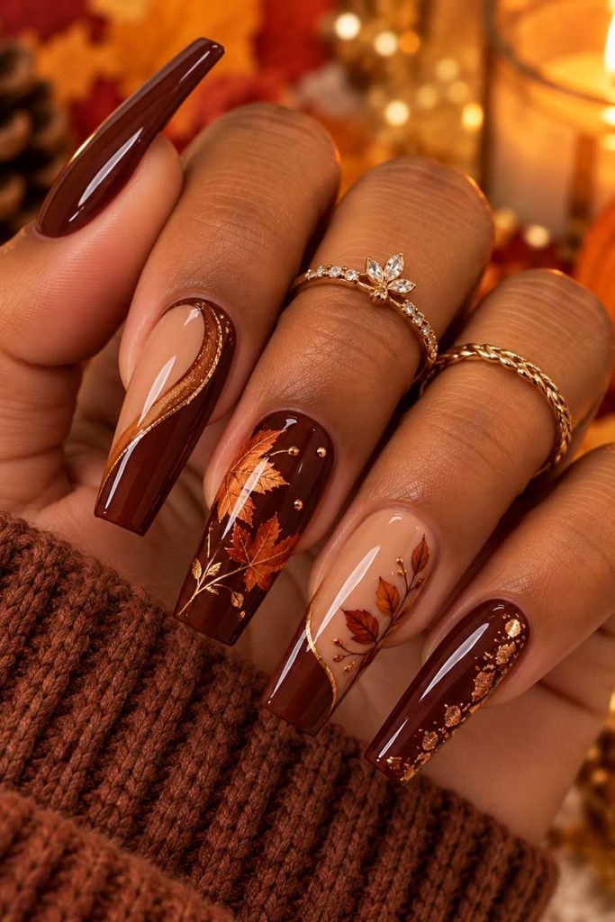 An image of Long Brown Coffin Cute fall Nails design