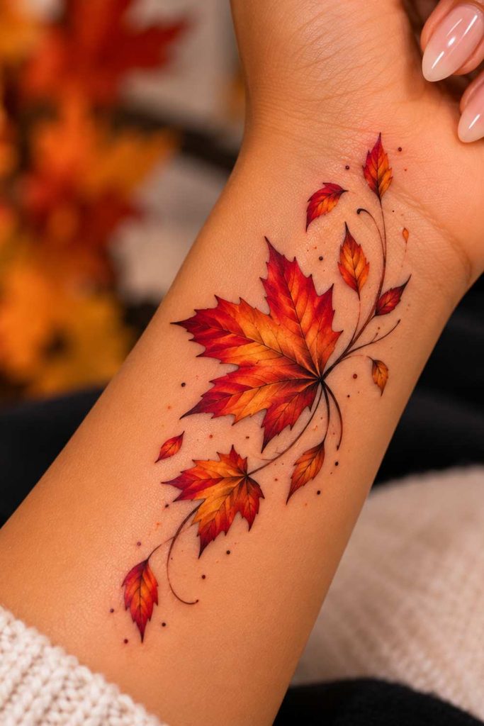 Red and Orange Autumn Leaf Tattoo