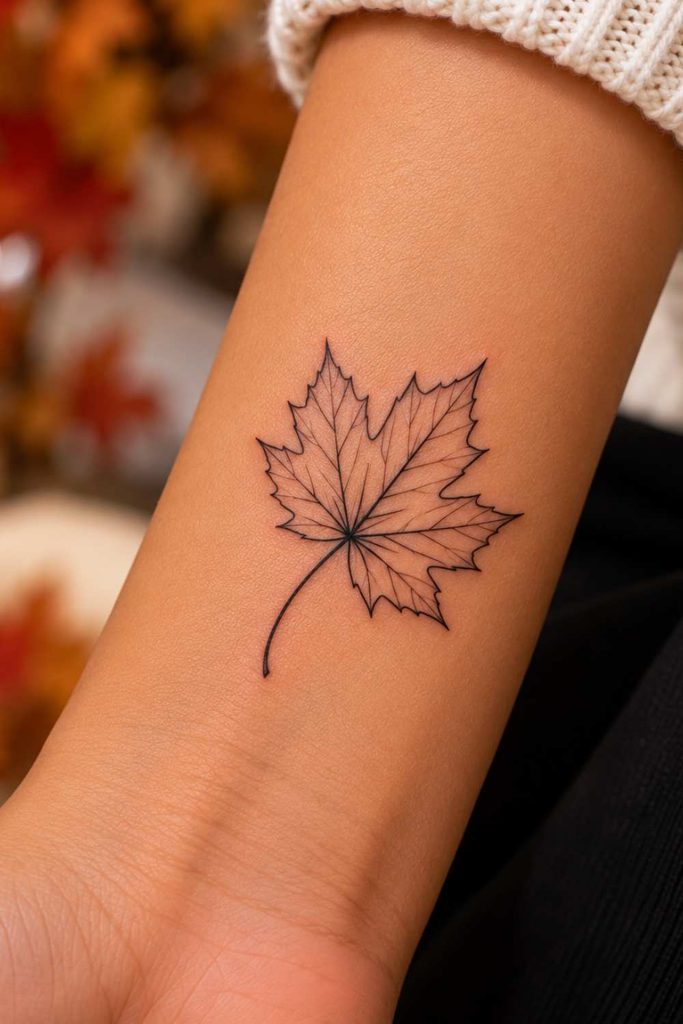 Simple Outline autumn Leaf Tattoo